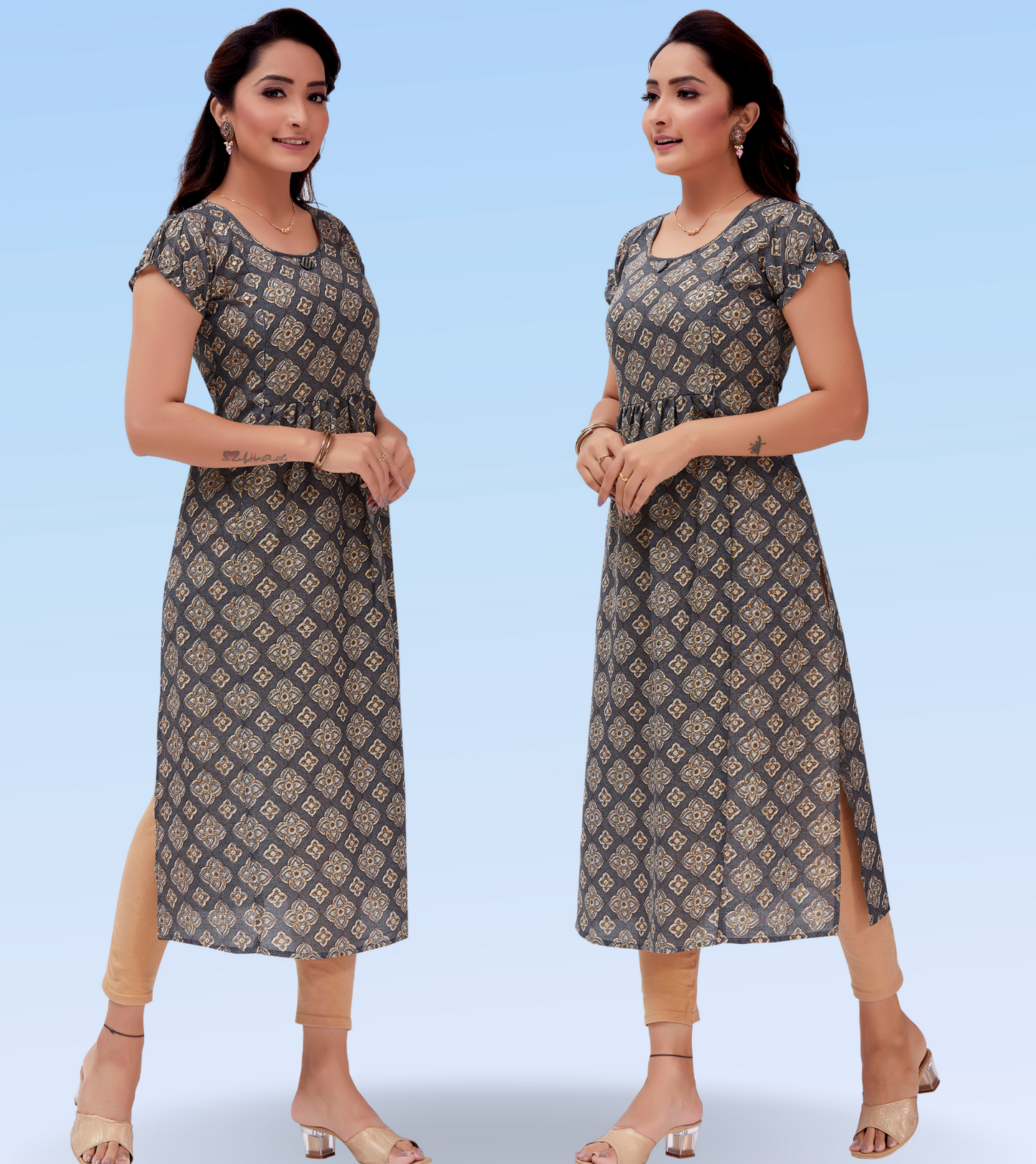 Inspiring Grey Cotton Blend Printed Straight Feeding Kurta