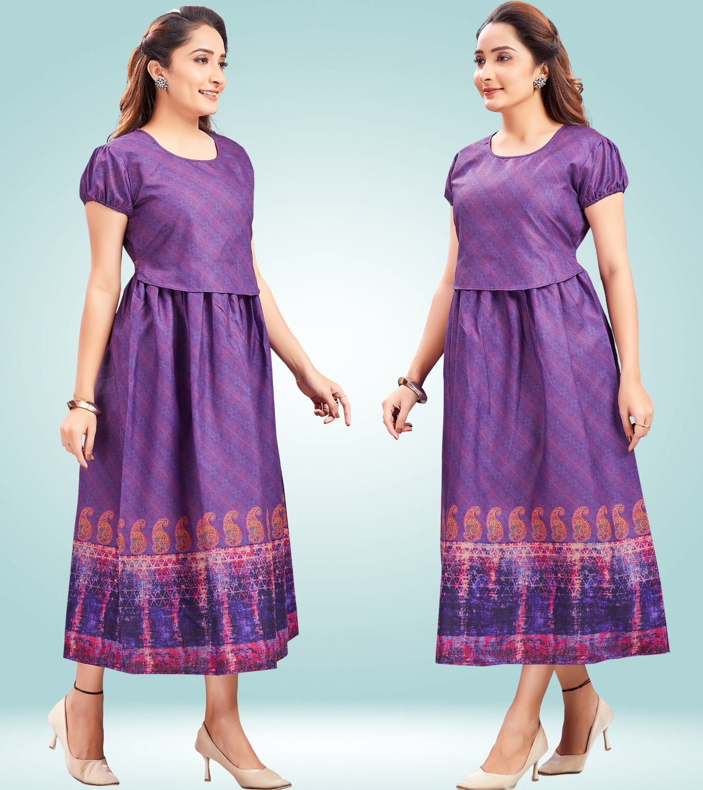 Classy Purple Cotton Printed Flared Zipless Feeding Kurta