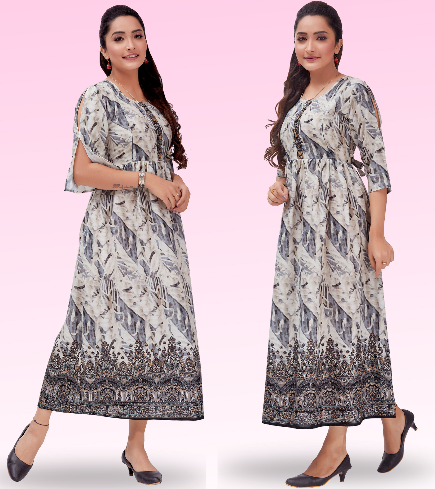 Divine grey Cotton Printed Flared Feeding Kurta