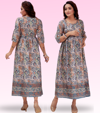 Dusty Wine Cotton Printed Flared Feeding Kurta