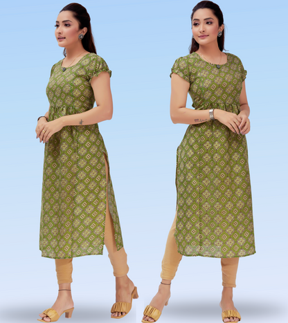 Amusing Green Cotton Blend Printed Straight Feeding Kurta