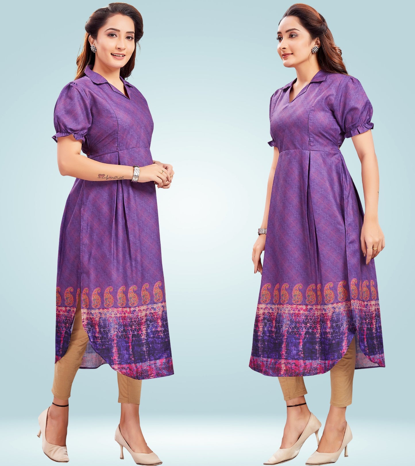 Sweet Purple Cotton Collared Neck Straight Feeding Kurta