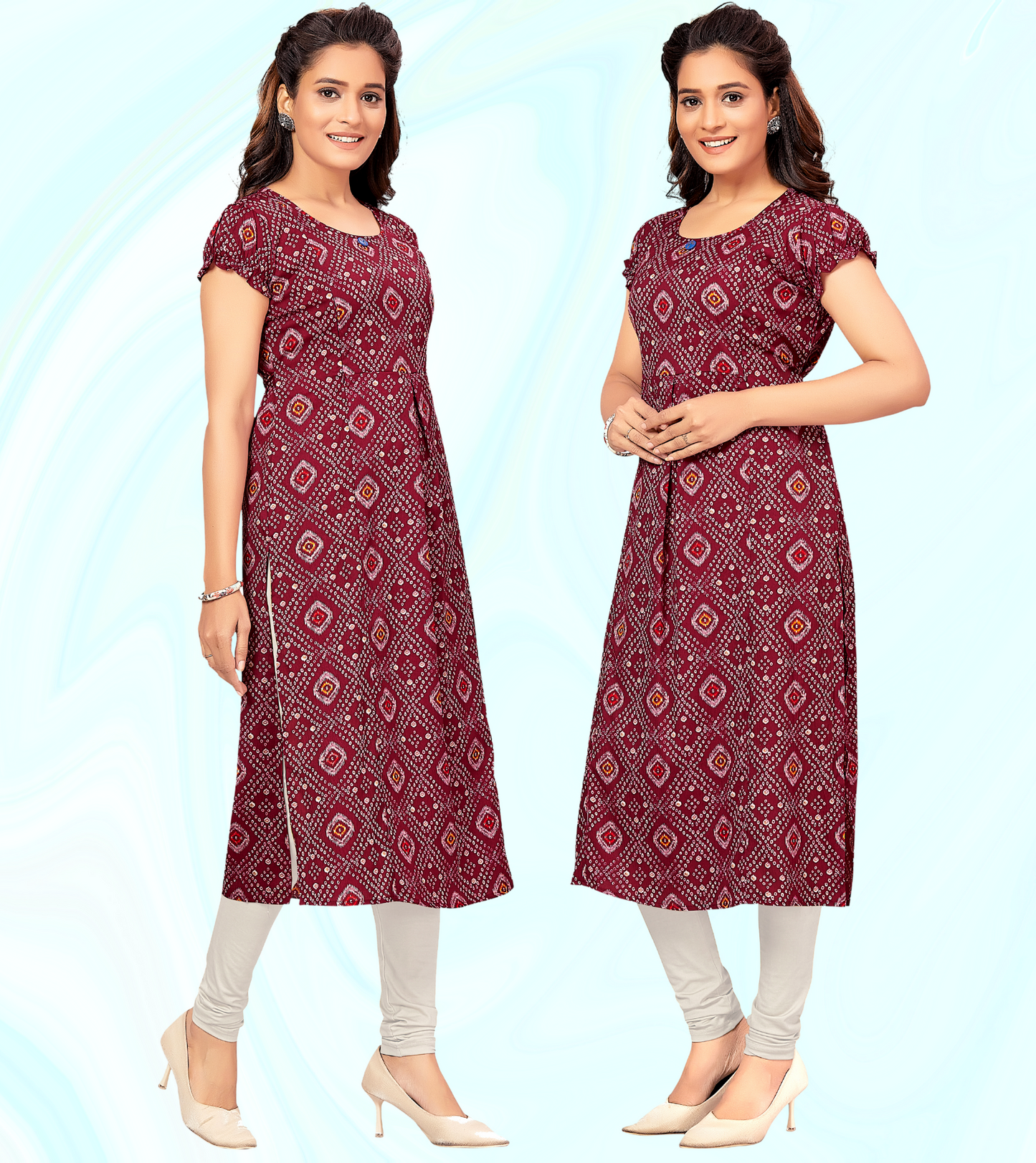 Simply Wine Poly Wrinkle Printed Straight Feeding Kurta