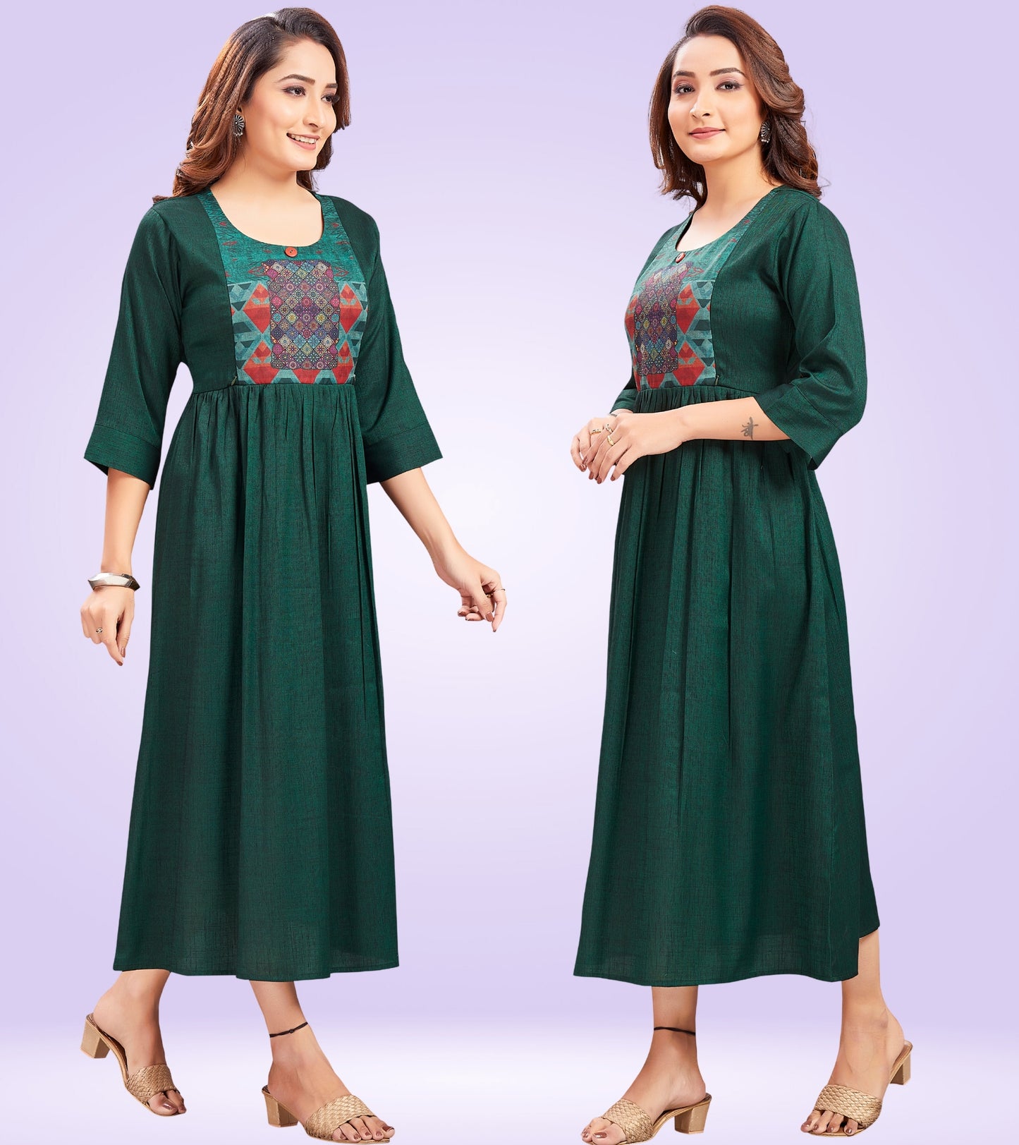 Bottle Green Rayon Printed Flared Feeding Kurta