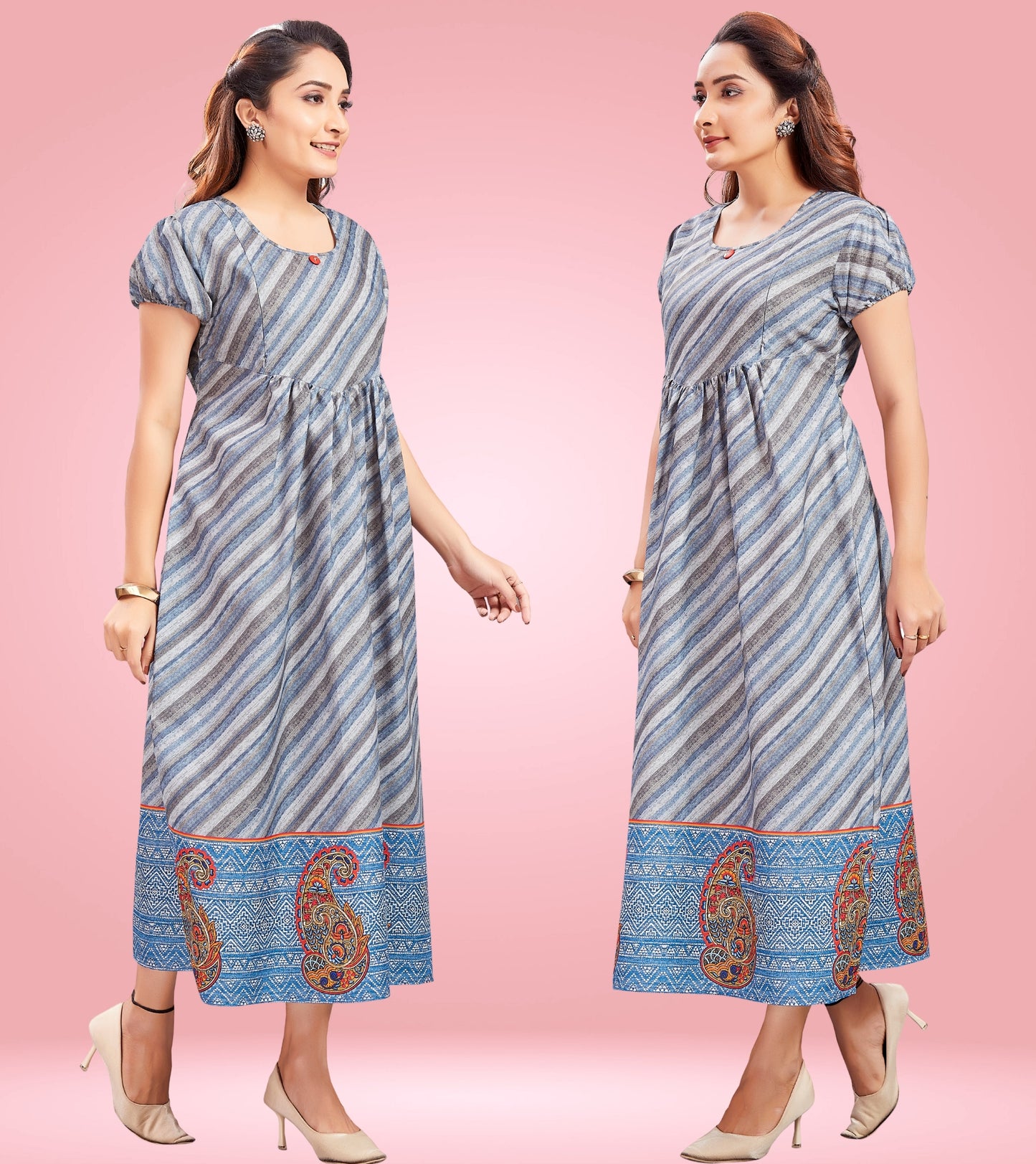 Greyish Blue Cotton Printed Flared Feeding Kurta