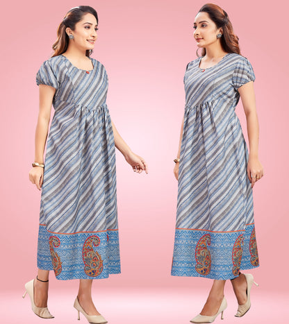 Greyish Blue Cotton Printed Flared Feeding Kurta