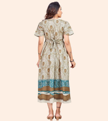 Stylish Beige Cotton Printed Flared Zipless Feeding Kurta