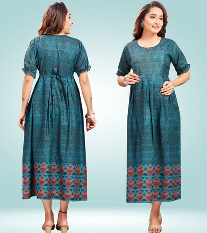 Peacock Green Cotton Printed Flared Feeding Kurta