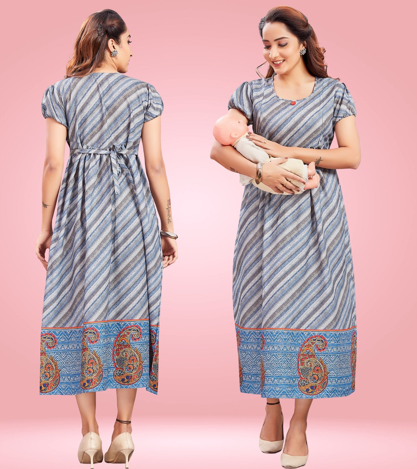 Greyish Blue Cotton Printed Flared Feeding Kurta