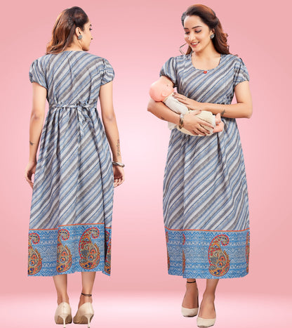 Greyish Blue Cotton Printed Flared Feeding Kurta