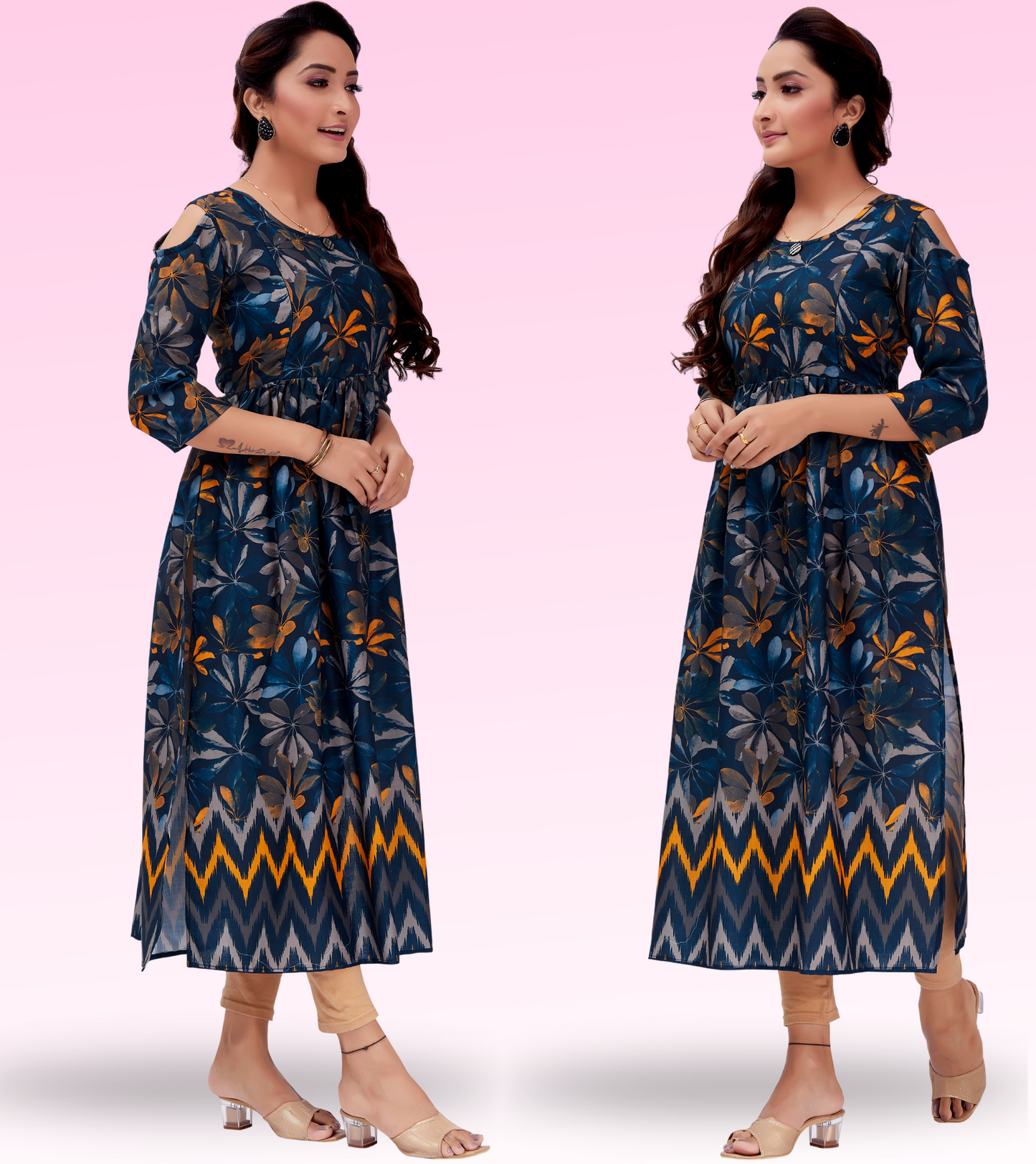 Stunning Blue Cotton Printed Flared Feeding Kurta