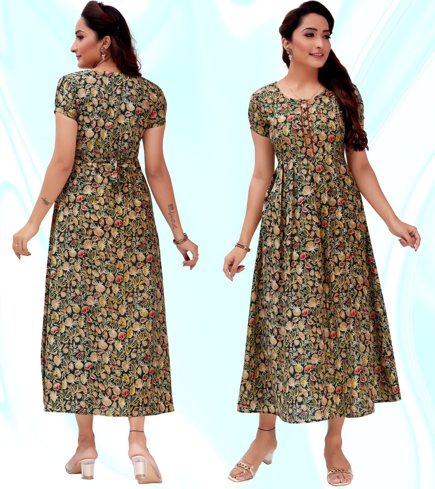 Adorable Green Cotton Blend Printed Flared Feeding Kurta