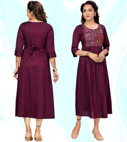 Delightful Purple Rayon Printed Flared Feeding Kurta