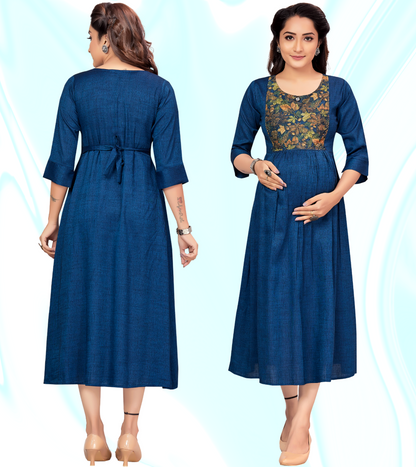 Affectionate Blue Rayon Printed Flared Feeding Kurta