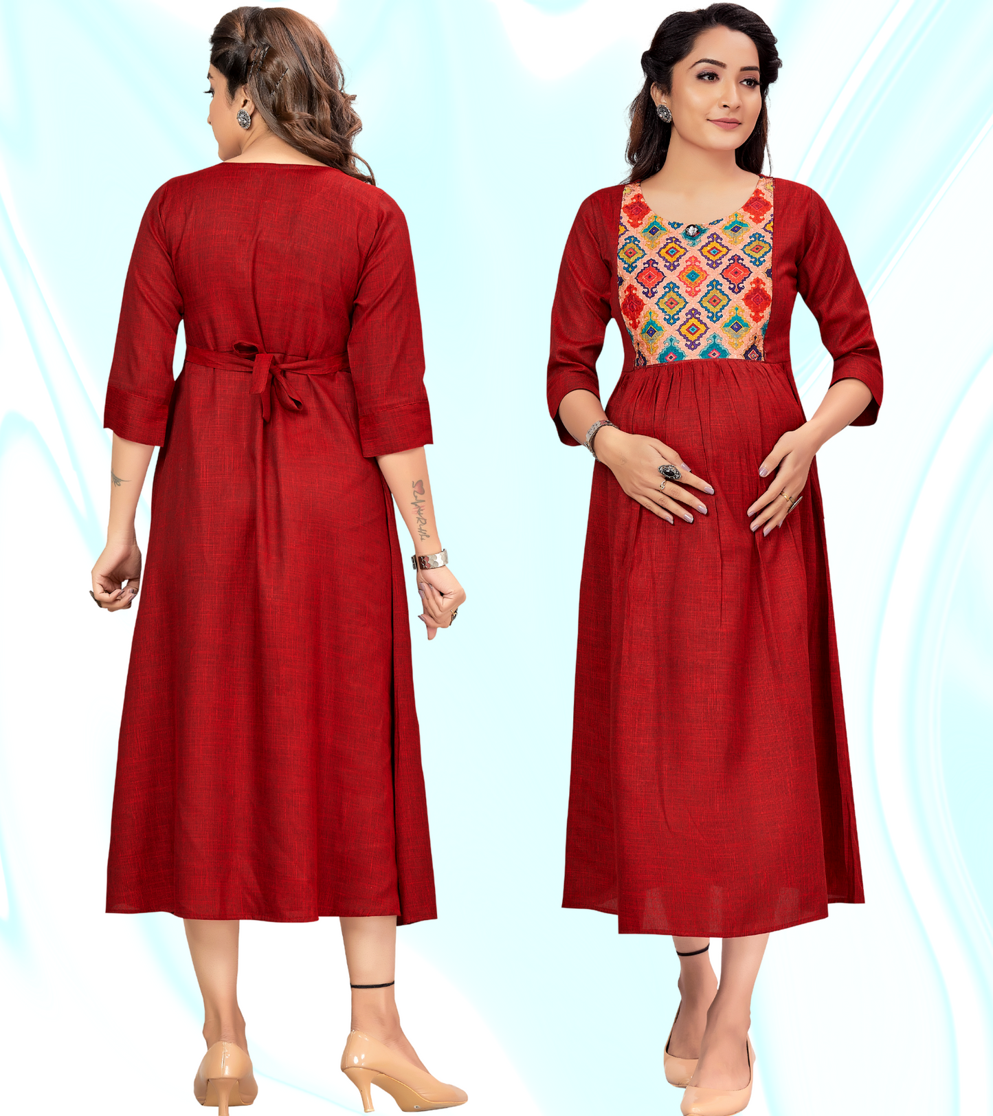 Exotic Red Rayon Printed Flared Feeding Kurta