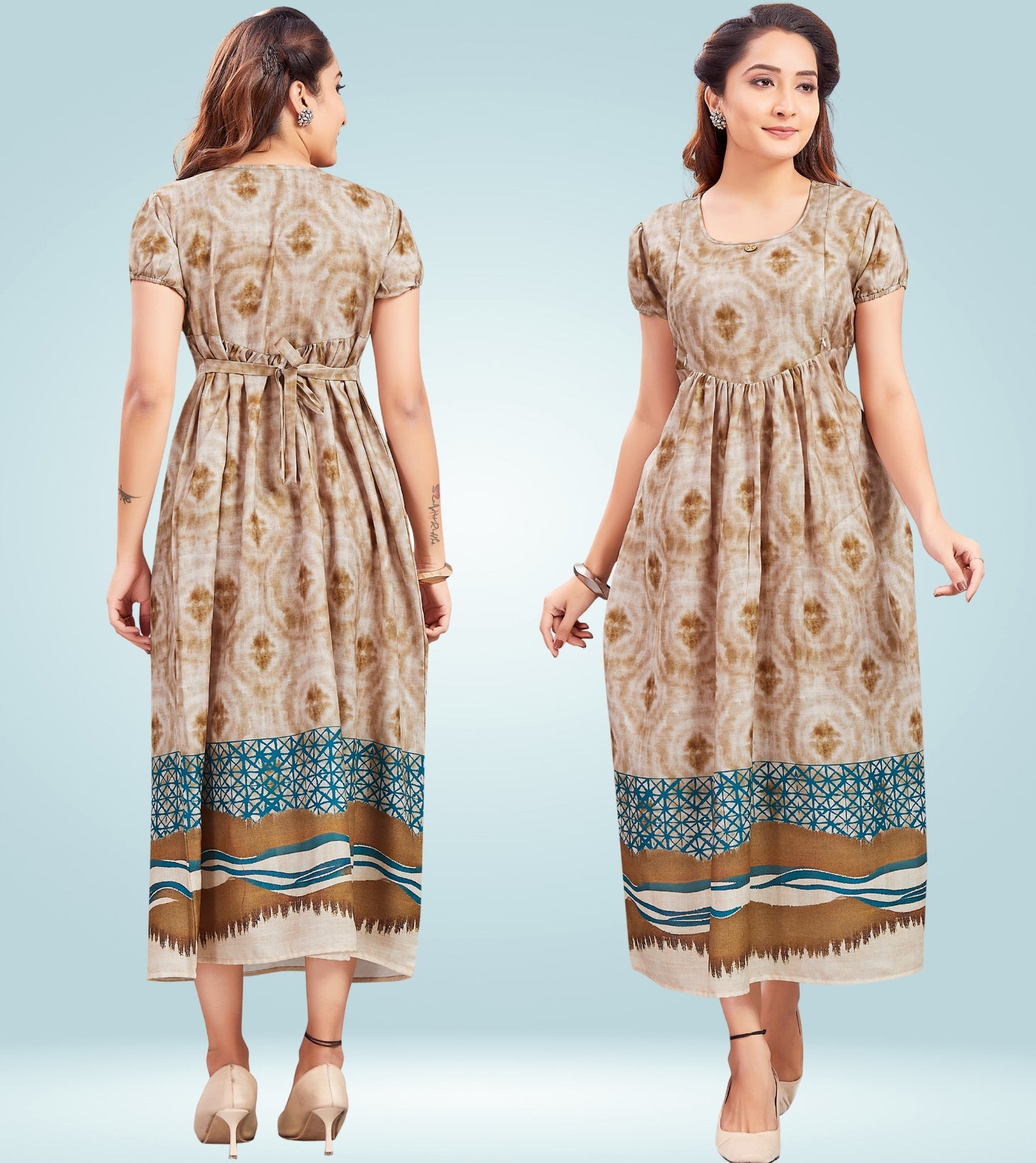 Amusing Beige Cotton Printed Flared Feeding Kurta