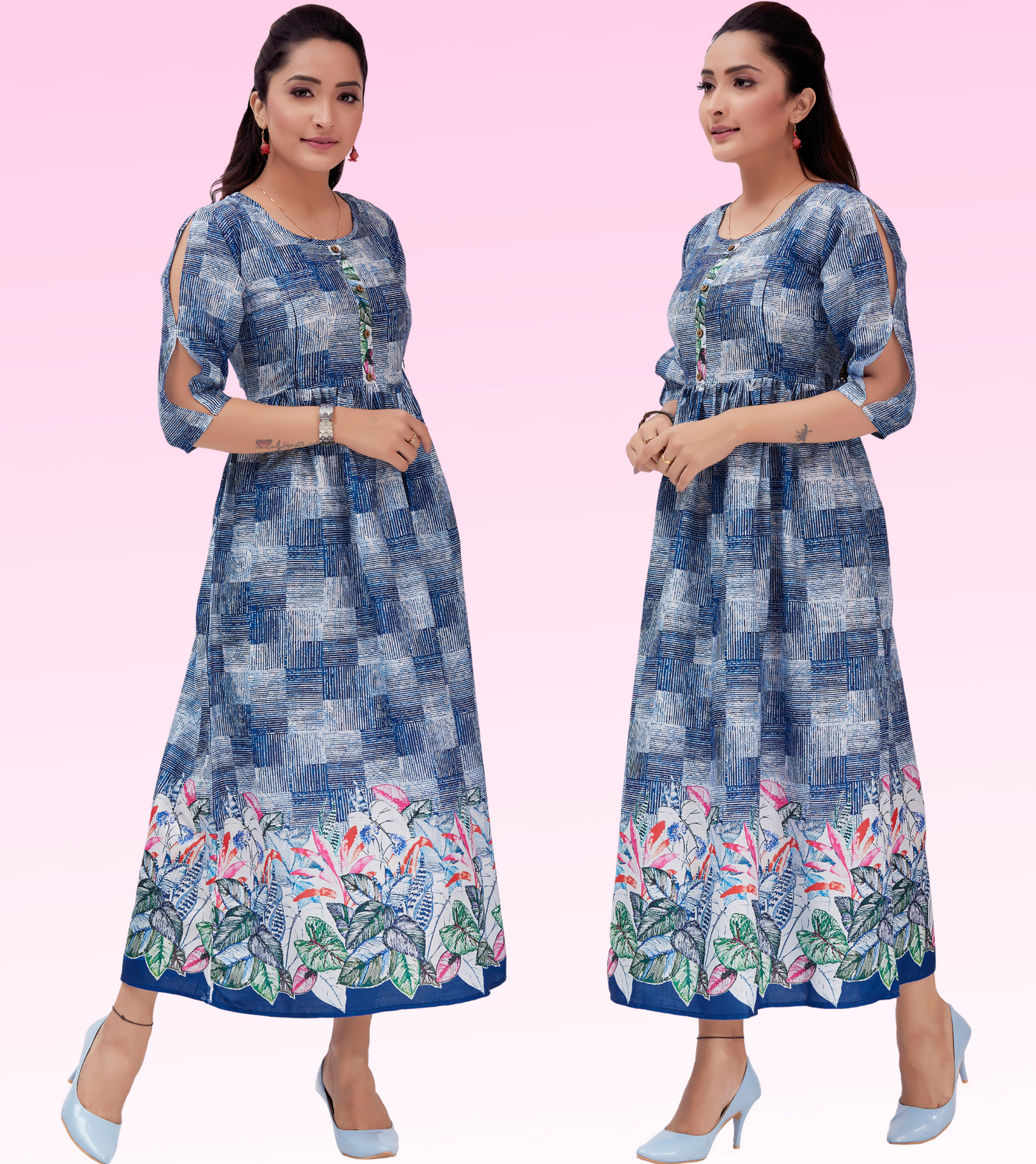 Exotic Blue Cotton Printed Flared Feeding Kurta