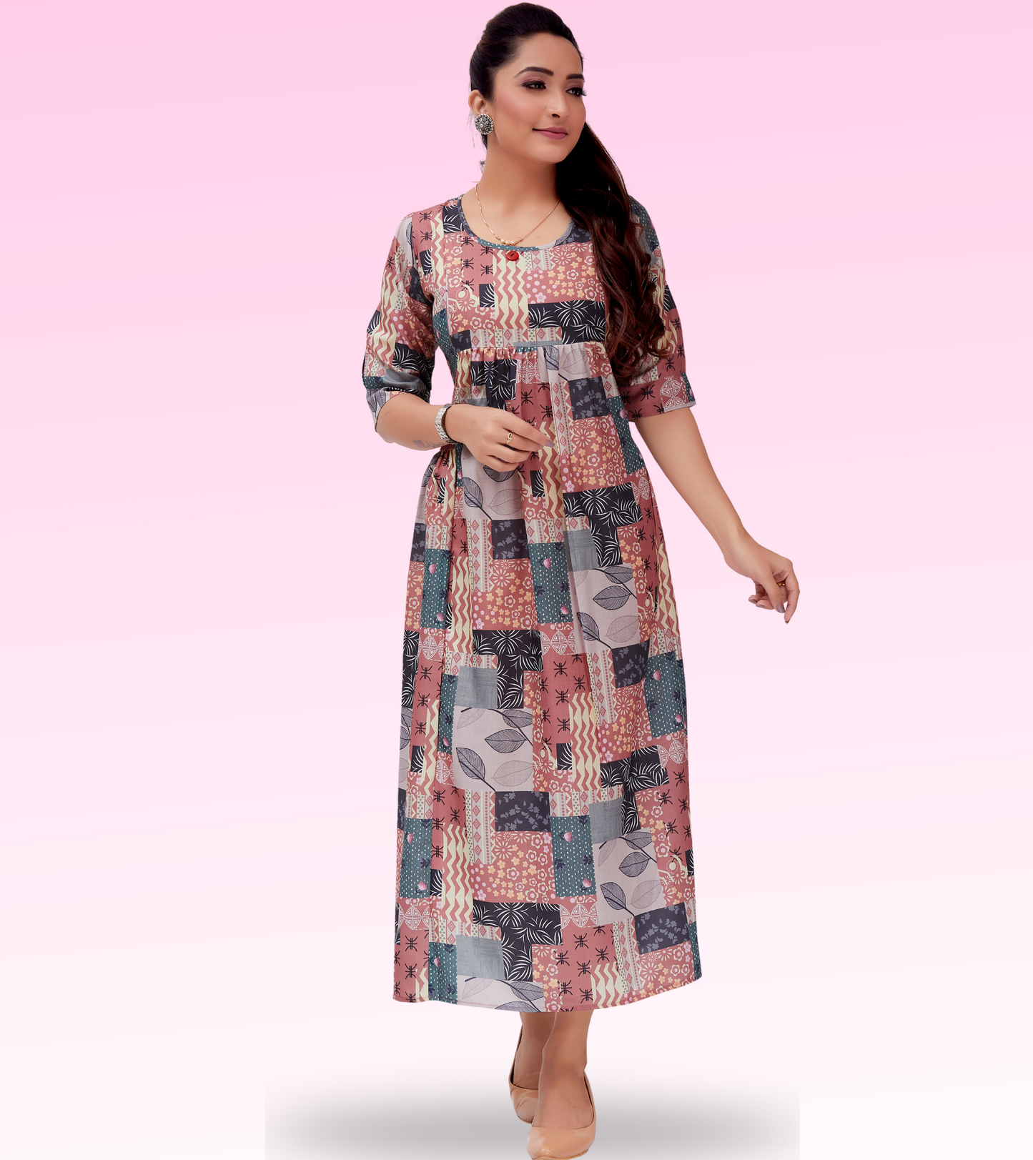 Polished Rust Cotton Printed Flared Feeding Kurta