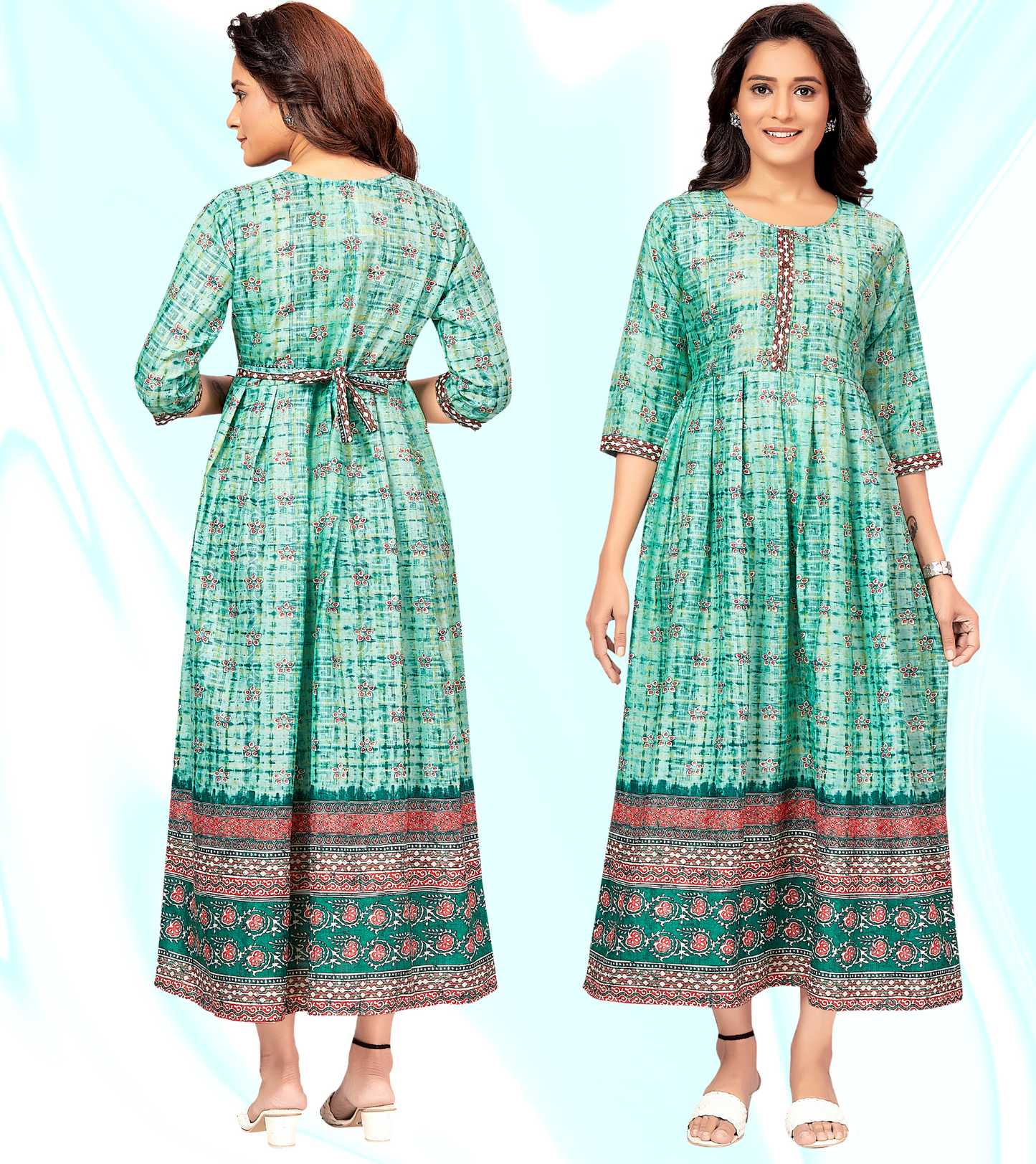 Flowy Green-Cotton-Printed-Flared-Feeding Kurta