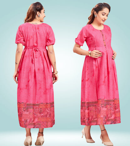 Stunning Pink Cotton Printed Flared Feeding Kurta