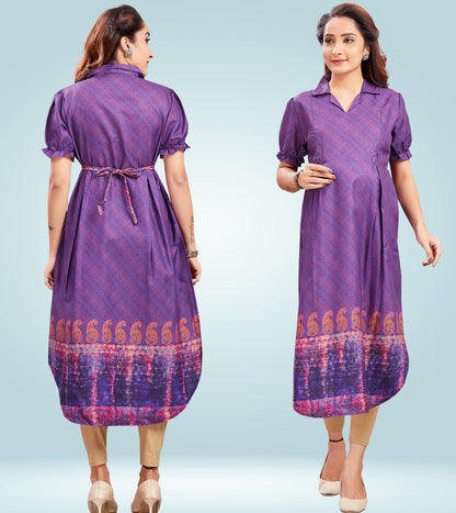 Sweet Purple Cotton Collared Neck Straight Feeding Kurta