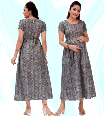 Legendary Grey Cotton Blend Printed Flared Feeding Kurta