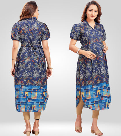 Serene Blue Cotton Collared Neck Straight Feeding Kurta