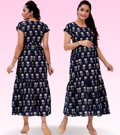 Sensational Blue Cotton Blend Printed Layered Anarkali Feeding Kurta