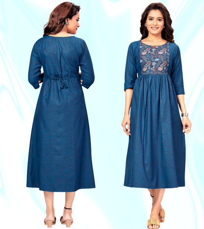 Classic Blue Rayon Printed Flared Feeding Kurta