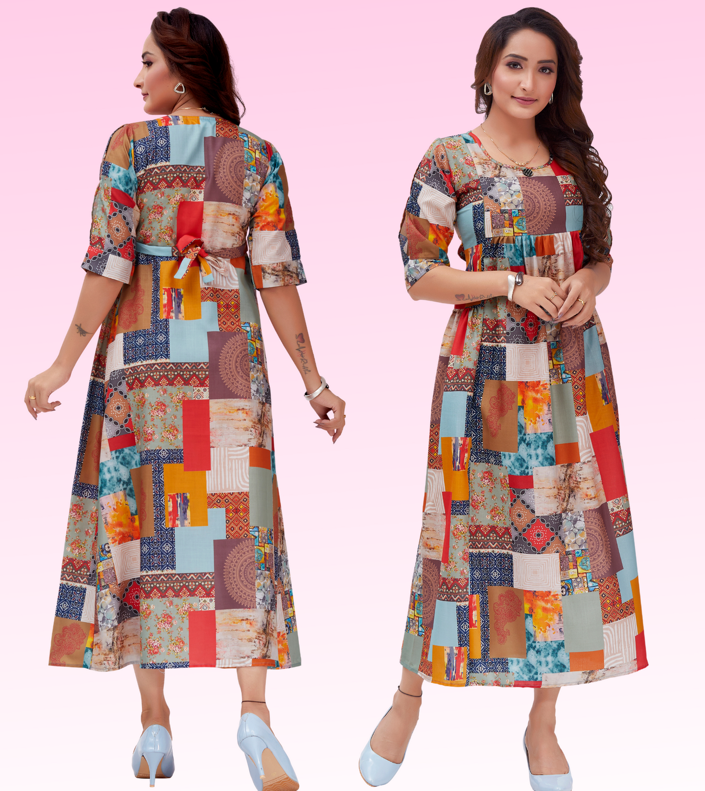 Multi Colour Cotton Printed Flared Feeding Kurta