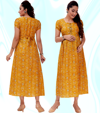 Classic Yellow Cotton Blend Printed Flared Feeding Kurta