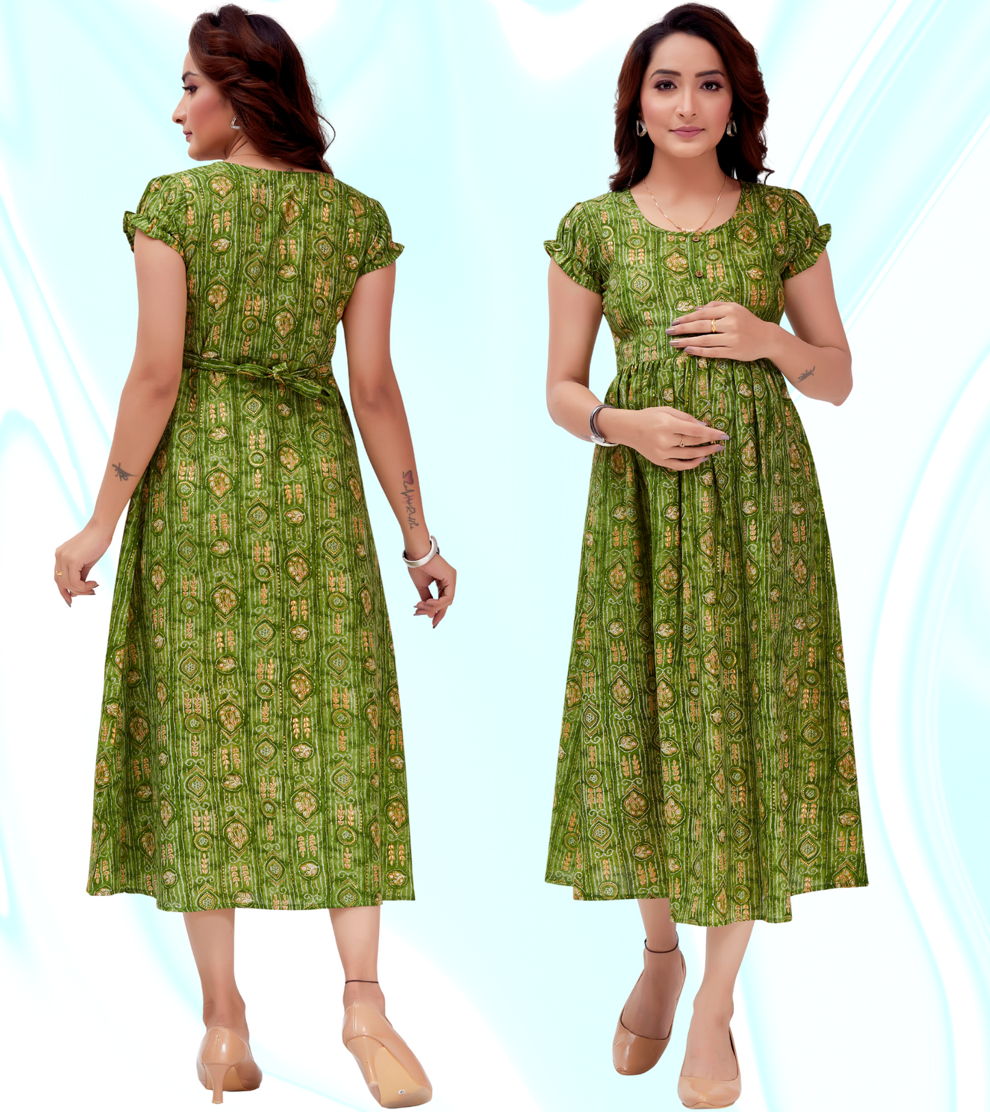 Heavenly Green Cotton Blend Printed Flared Feeding Kurta