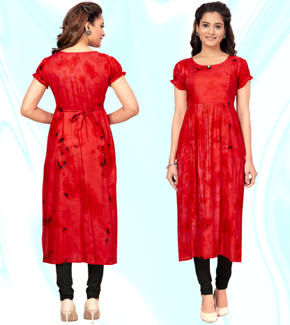 Tomato Red Rayon Printed Straight Feeding Kurta