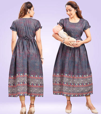 Flowy Grey Cotton Printed Flared Zipless Feeding Kurta