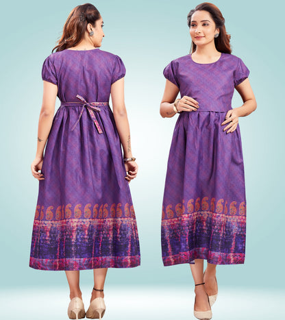 Classy Purple Cotton Printed Flared Zipless Feeding Kurta