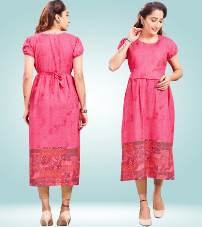 Strawberry Pink Cotton Printed Straight Zipless Feeding Kurta