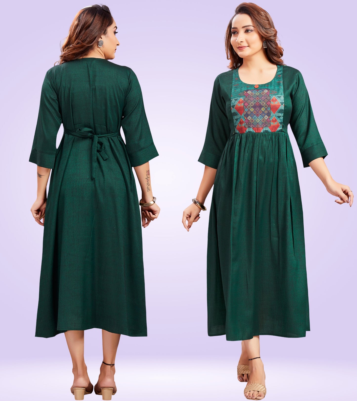 Bottle Green Rayon Printed Flared Feeding Kurta