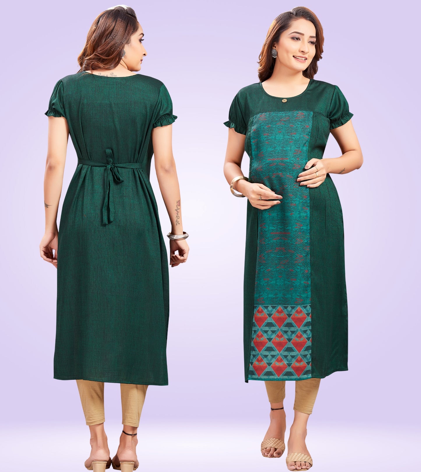 Bottle Green Rayon Printed Straight Feeding Kurta