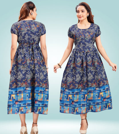 Dreamy Blue Cotton Printed Flared Zipless Feeding Kurta