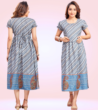 Blissful Blue Cotton Printed Straight Zipless Feeding Kurta