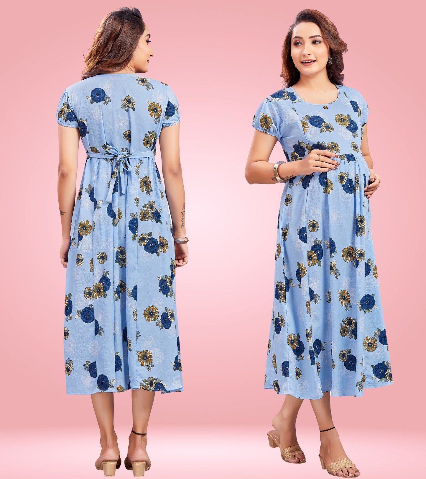 Mast Blue Poly Wrinkle Printed Flared Feeding Kurta