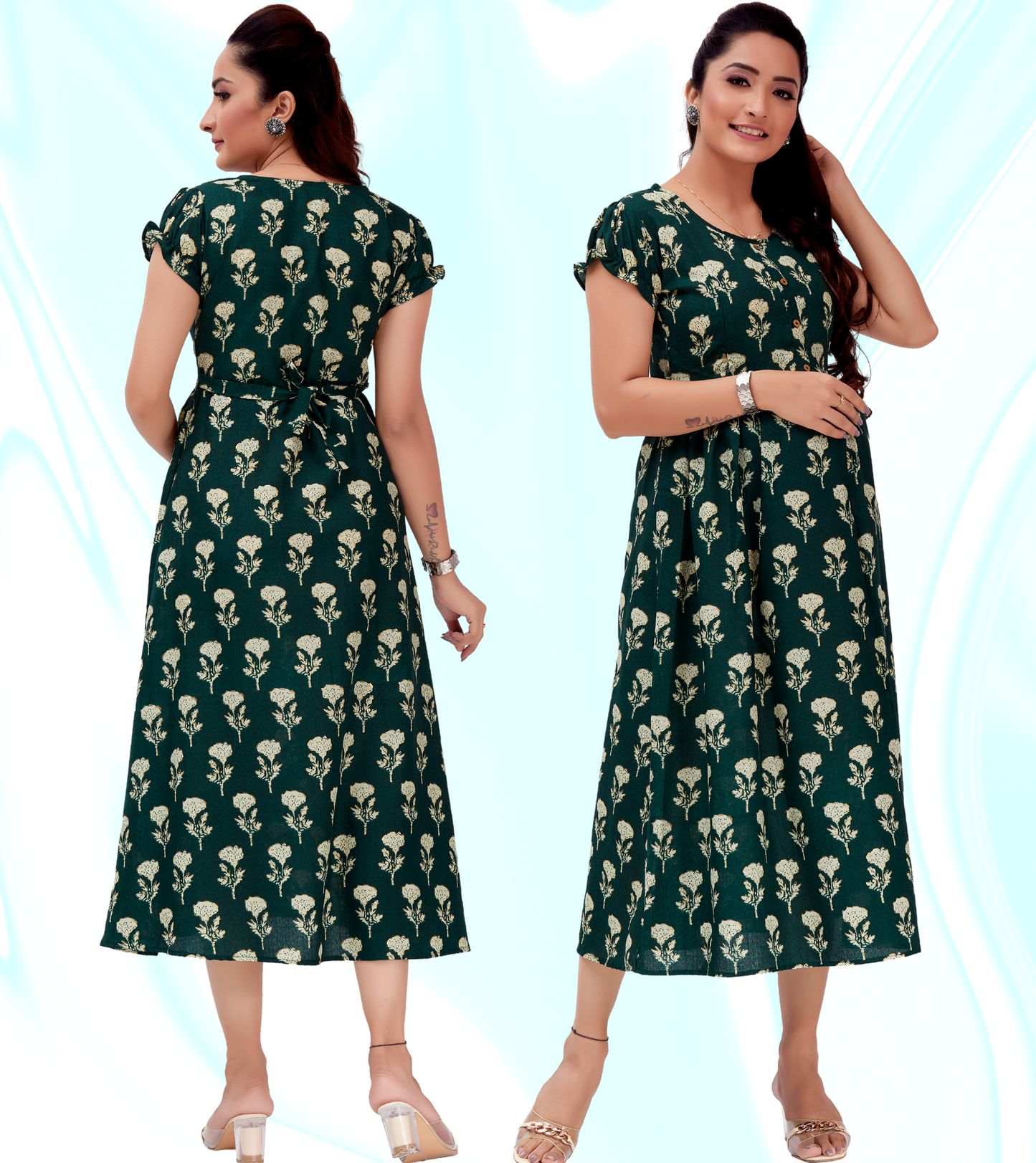 Outstanding Green Cotton Blend Printed Flared Feeding Kurta