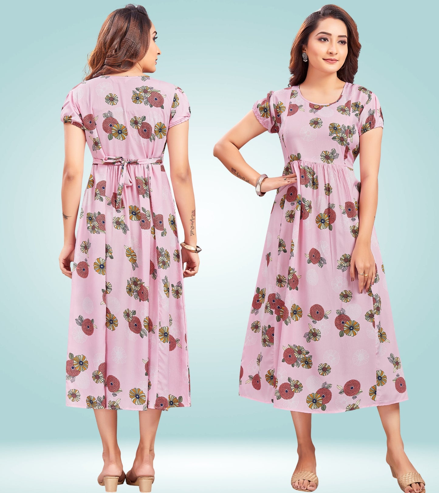 Soothing Pink Poly Wrinkle Printed Flared Feeding Kurta