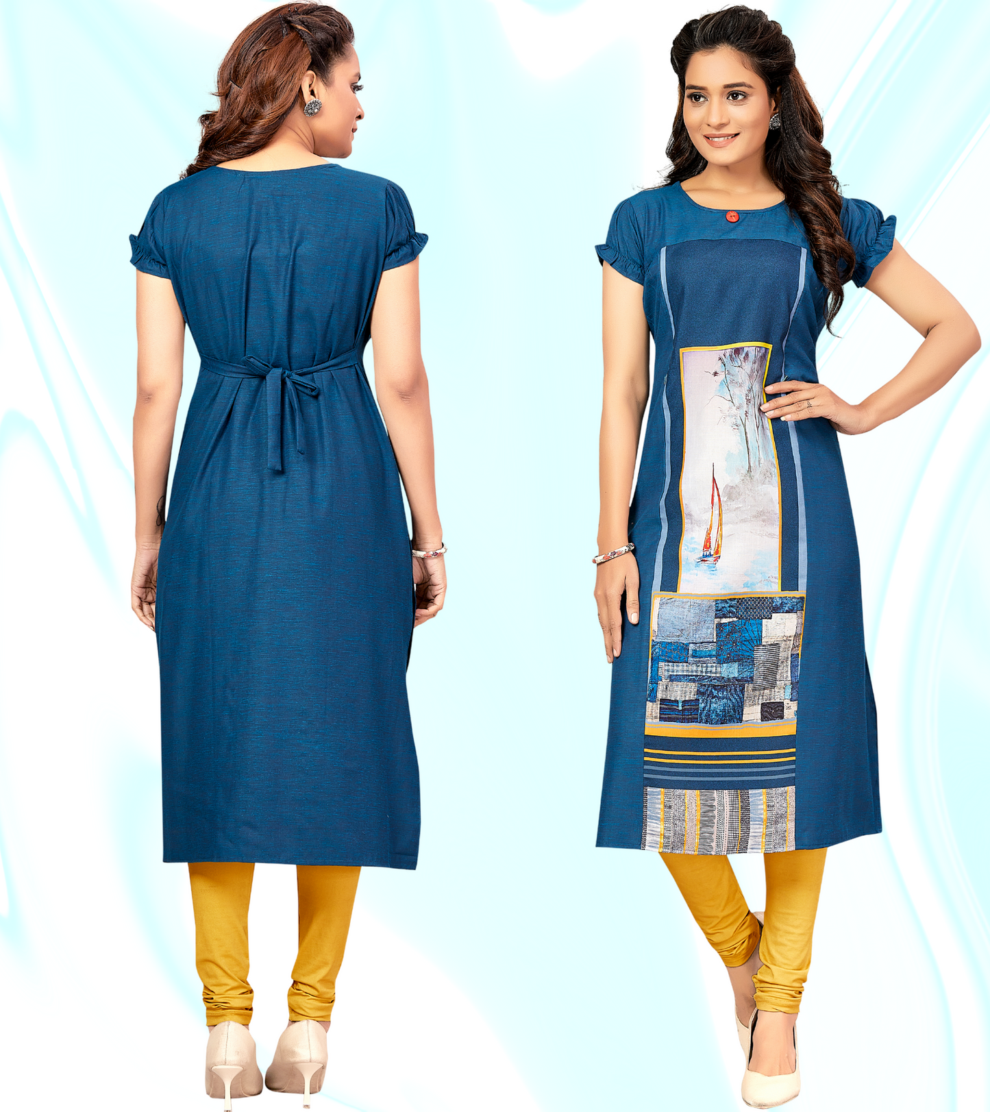 Classic Blue Rayon Printed Straight Feeding Kurta