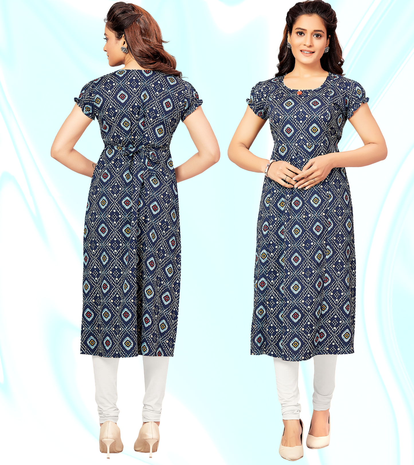 Moody Blue Poly Wrinkle Printed Straight Feeding Kurta