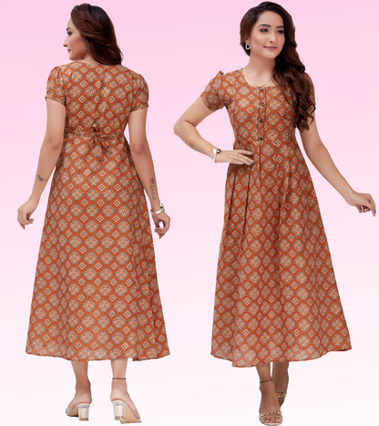 Classy Rust Cotton Blend Printed Flared Feeding Kurta