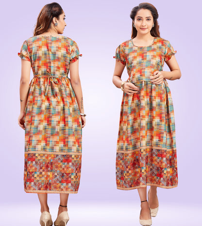 Fawny Red Cotton Printed Flared Zipless Feeding Kurta