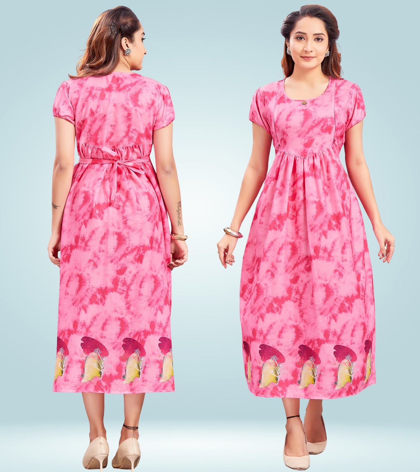 Awesome Pink Cotton Printed Flared Feeding Kurta