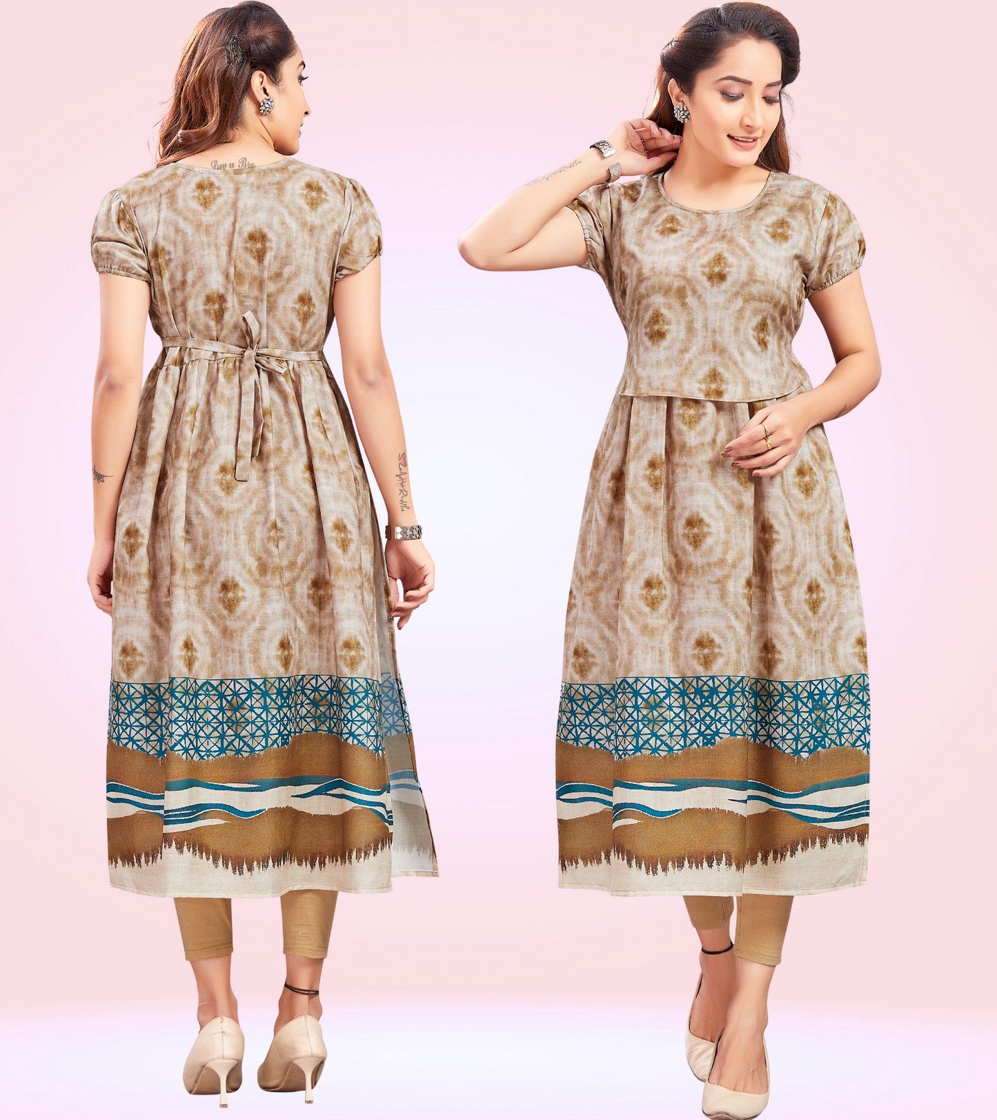 Elegant Fawn Cotton Printed Straight Zipless Feeding Kurta