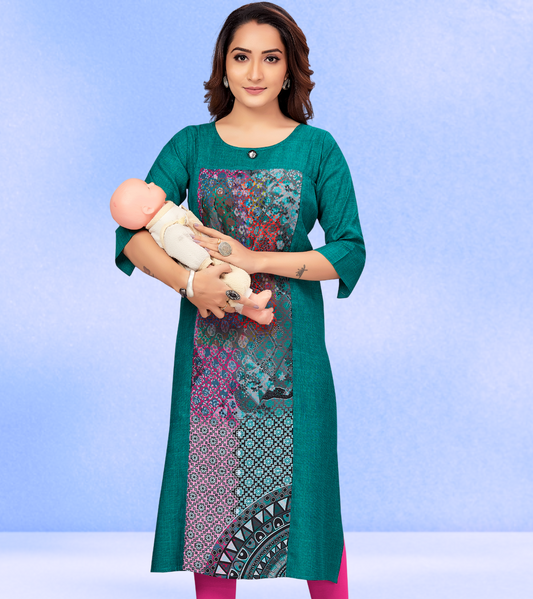 Matchless Green Rayon Printed Straight Feeding Kurta